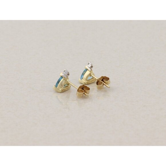10k Yellow Gold Natural Blue Topaz & Diamond Earrings Stud 5/16" x 1/4" - Picture 5 of 10